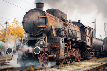 Fototapeta premium An old steam locomotive, puffing out smoke, sits rusting, relic of bygone era. It looks strong despite its age, reminder of historical rail transport