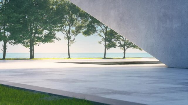 Empty concrete floor terrace near water in pond. 3d rendering of abstract gray building with sea and clear sky background.