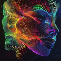 Abstract neon line art with vibrant colors forming human faces