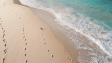 High-angle view of footprints on a pristine beach.