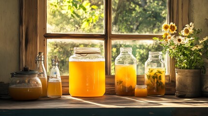 Bottles of Homemade Beverages on Rustic Wooden Windowsill