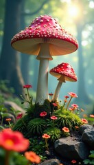 Giant mushrooms tower over tiny flowers, sunbeams pierce canopy , surreal, magical