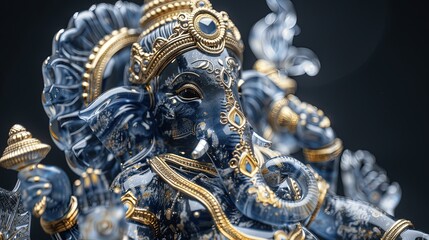 Fototapeta premium Exquisite Blue Lord Ganesha Statue with Detailed Ornaments and Textures