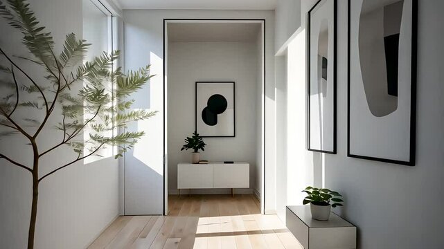 Sunlit minimalist hallway interior with modern furniture and wall art