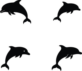 Fototapeta premium Four Black Dolphin Silhouettes Leaping, Ocean Marine Life and Wildlife