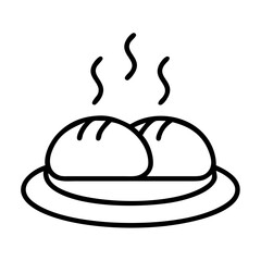 Outline drawing of freshly baked bread rolls on a plate with steam rising vector graphic illustration