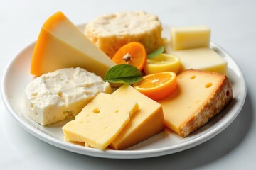 Elegant cheese plate, various cheeses on white , object, wine
