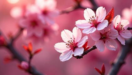 Obraz premium Vibrant red and white sakura, full bloom, dense pattern, fabric, flower wallpaper