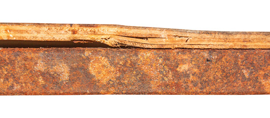 Rusty Metal Plate with Decayed Plywood Layer in Horizontal Orientation Isolated on Transparent Background