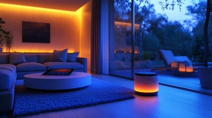 Cozy modern living room illuminated with warm orange light during evening hours, showcasing fresh design and tranquility