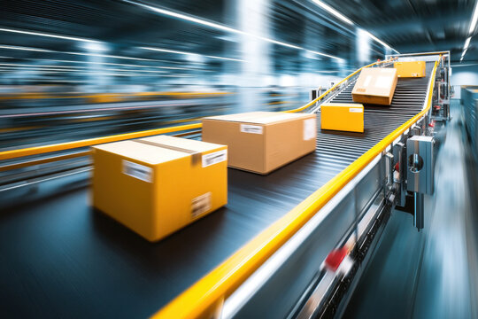 Packages moving fast on conveyor belt, automated system showing high speed transporting, feeling efficient and productive
