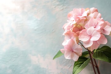 Pink hydrangeas blooming on blue backdrop, floral arrangement for gentle greetings background