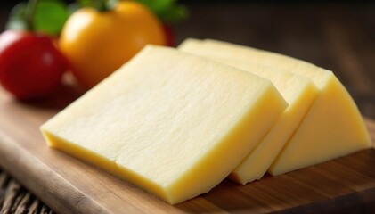 Close-up of sliced white cheese, showing detail, closeup, detail, sharp