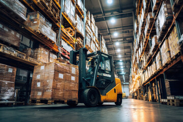 Naklejka premium Forklift moving pallet in large warehouse, driver felt responsible and cautious. Every move ensured efficiency and safety within busy logistics center