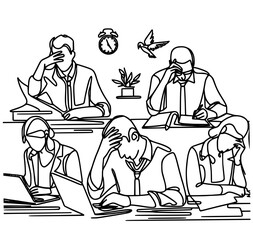 Stressed Office Workers Illustration, depicts five office workers sitting at desks, each holding their heads in frustration, emphasizing workplace stress. The scene includes laptops, papers, and a clo