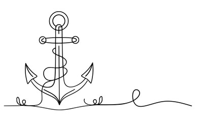 Minimalist Continuous Line Drawing of an Anchor, a continuous line drawing of an anchor, created with a single, unbroken stroke. The design emphasizes simplicity and fluidity
