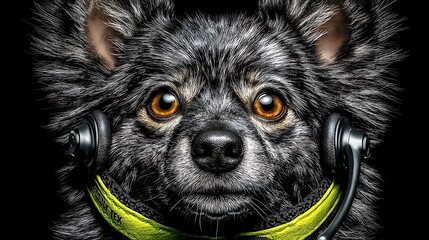 Close Up of a Fluffy Black Dog Wearing Green Headphones