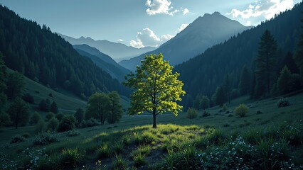 Fototapeta premium Serene Mountain Valley with Single Green Tree and Soft Light