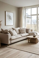 Fototapeta premium A modern Scandinavian interior design of a living room with sofa and interior accessories visible and windows. Generative AI 