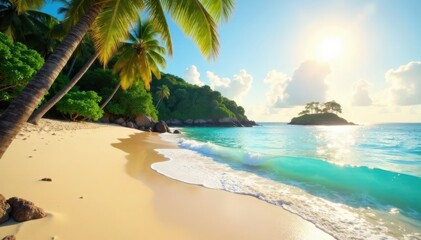 Warm sunlight reflects off turquoise waves on sandy tropical beach with lush greenery and a small island in the background, scenery, tropical