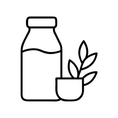 Milk bottle and plant in pot vector illustration, healthy drink and nature concept drawing line art