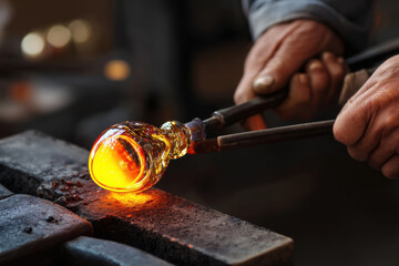 An artisan is carefully shaping molten glass in workshop, with intense focus and determination as he works with glowing, hot material