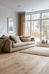 Fototapeta premium A modern Scandinavian interior design of a living room with sofa and interior accessories visible and windows. Generative AI 