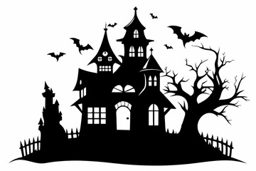 haunted house silhouette line art vector illustration