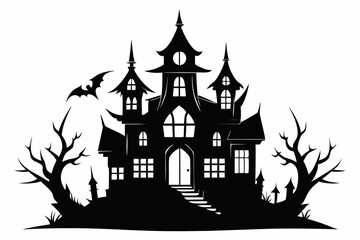 haunted house silhouette line art vector illustration