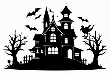 haunted house silhouette line art vector illustration