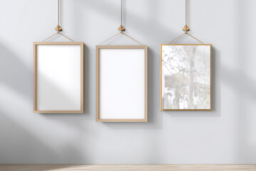 Clean gallery with empty picture frame mockups hanging, evokes sense of calm and possibilities for display. Perfect for showcasing art or memories