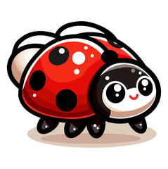 Naklejka premium Cute cartoon-style ladybug character with oversized eyes and a vibrant red shell featuring black spots, set against a clean white background. The ladybug has a happy expression and thick outlines.