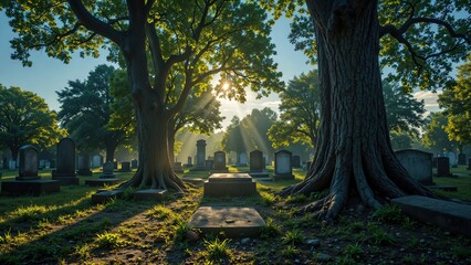 Serene Cemetery Landscape with Sun Rays and Majestic Trees