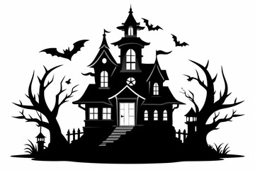 haunted house silhouette line art vector illustration