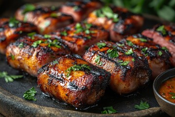 Grilled bacon rolls on wooden board with spicy sauce