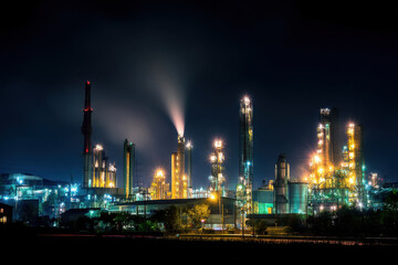 Industrial complex brightly illuminated night dark building structure showing power and confidence. scene evokes sense of awe and wonder