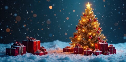 Obraz premium Sparkling snow, lavishly decorated tree, presents piled high , glamorous, ornament, bright