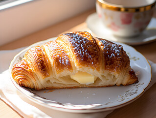Fresh-baked croissants, flaky layers visible, butter melting on cut surface, scattered crumbs, linen napkin