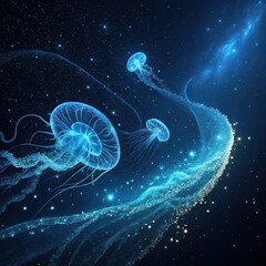 Ethereal Jellyfish Dance in a Luminous Underwater Galaxy