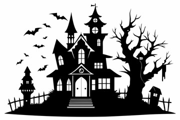 haunted house silhouette line art vector illustration