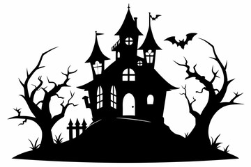 haunted house silhouette line art vector illustration