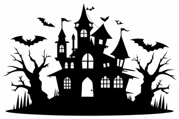 haunted house silhouette line art vector illustration