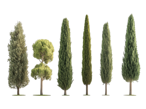 Collection of Seven Cypress Trees: Variations in Height and Shape, Isolated on Black Background