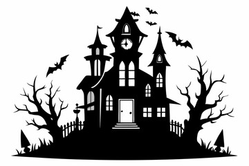 haunted house silhouette line art vector illustration