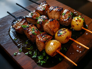 Grilled vegetable skewers, visible char marks, glistening olive oil, flaky sea salt, rustic wooden surface, dramati