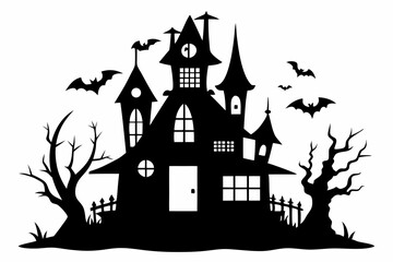 haunted house silhouette line art vector illustration