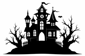 haunted house silhouette line art vector illustration