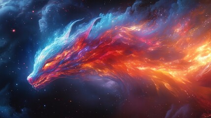 Fiery, cosmic dragon's head formed from nebulae