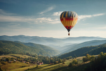 Obraz premium Hot air balloon floats gently, filled with serenity, scene that evokes sense of peace as it soars over scenic landscape, journey through picturesque nature