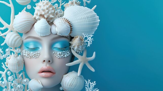 Make up and doll style concept. A serene face adorned with seashells and coral, embodying an underwater theme with soft blue tones.